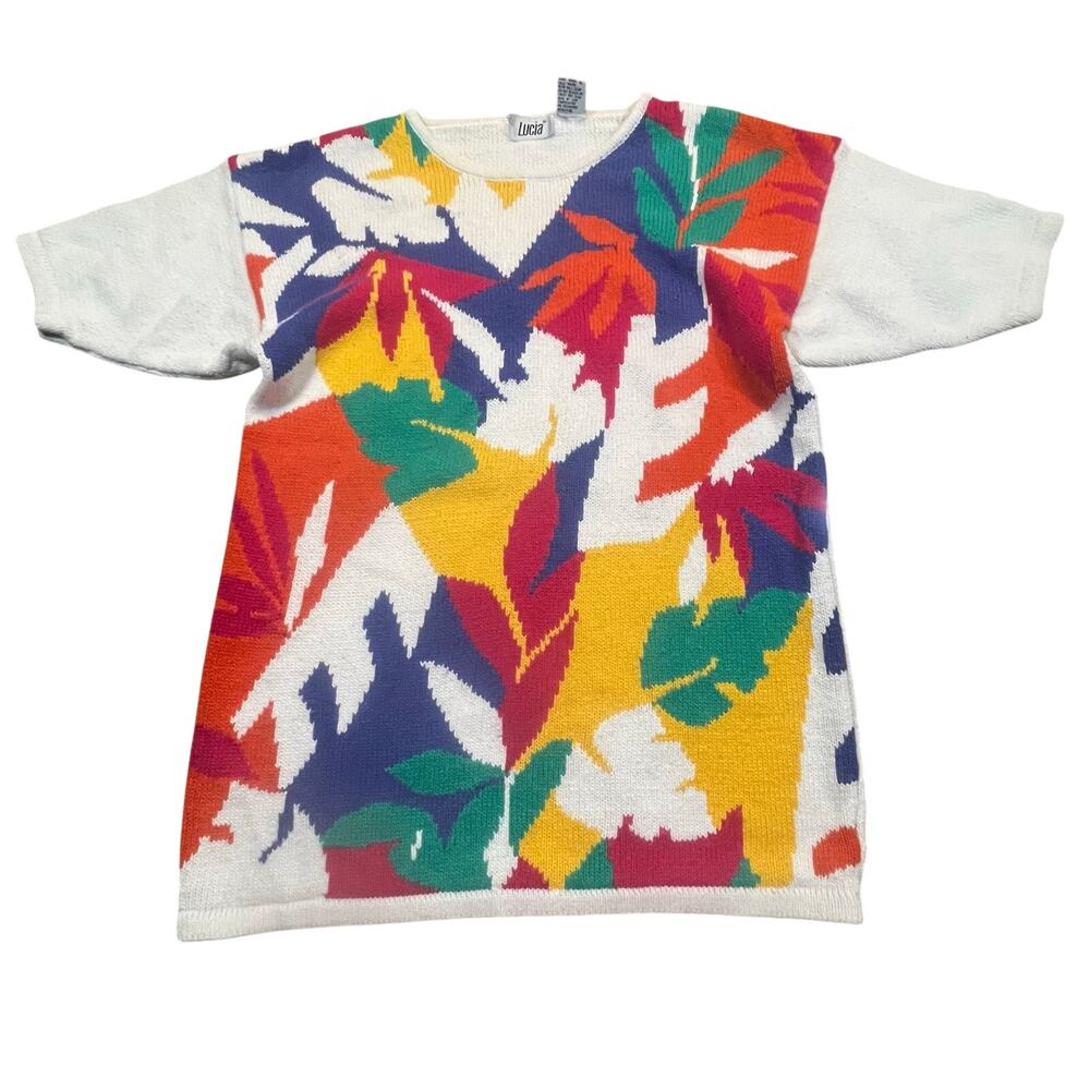 90s Vintage Lucia Short Sleeve Sweater Women M Colorful Leaf Print